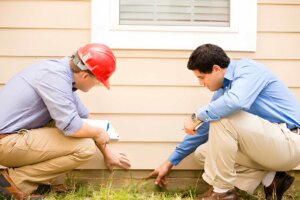 Homeowner checking for termite warning signs along skirting boards in Port Macquarie